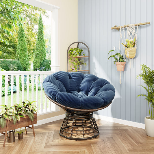 Comfortable Ergonomic Wicker Papasan Chair, 360 Swivel Indoor Outdoor Rattan Chair With Soft Thick Cushion, Ideal For Living Room, Bedroom, Reading Room, Brown Frame With Navy Blue Cushion