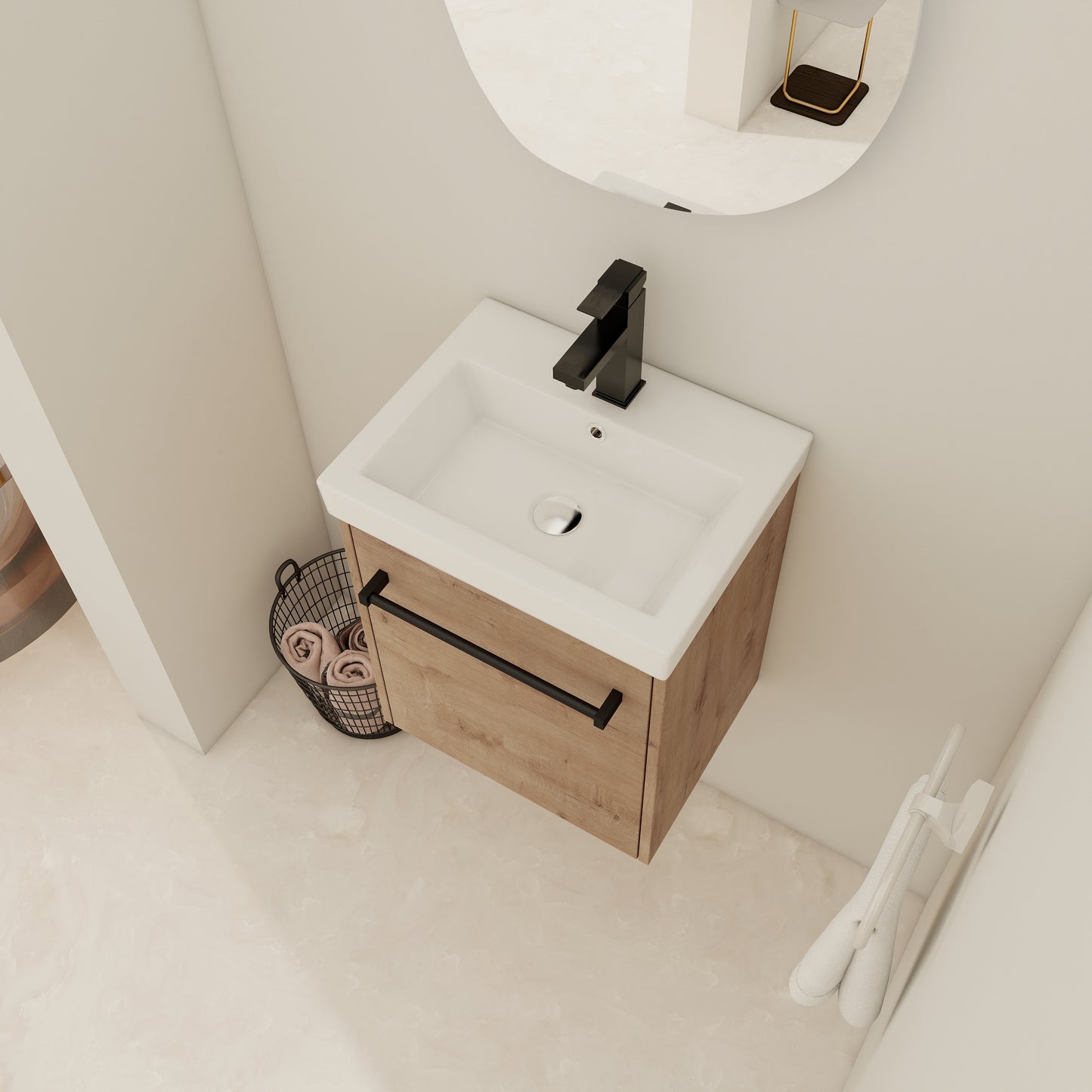 18  Floating Wall- Mounted Bathroom Vanity With Ceramic Sink & Soft- Close Cabinet Door  For Small Bathroom
