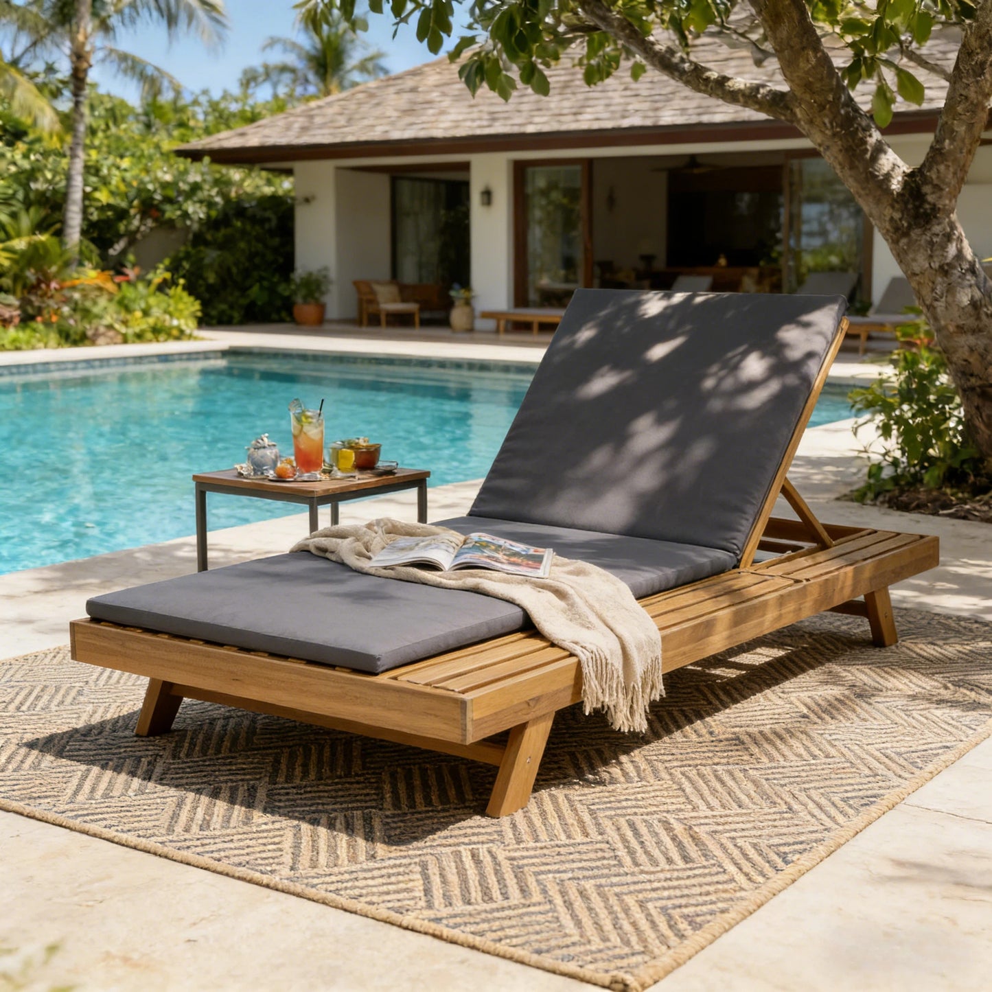 Lounge Chaise Set, Space Available On One Side, Acacia Wood In Light Brown With Water-Resistant Lounge Cushions  Dark Grey & 2 Inch Thick  -Matching Cream Leaf Coconut Version Available