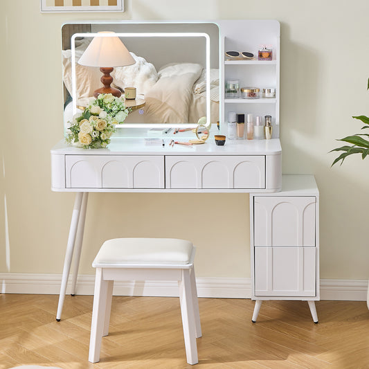 Modern Makeup Vanity Desk With LED Lights & Mirror, 4 Drawer Dressing Table Set With Stool, 3 Colors Dimmable Brightness, Space-Saving For Bedroom, White