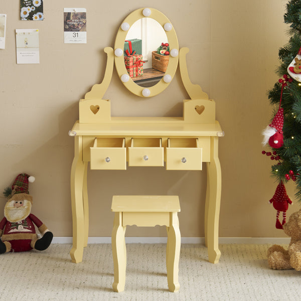 Kids Vanity Set With Mirror And Lights And Stool, 5 Storage Drawers, Pretend Play Princess Makeup Desk Dressing Table And Stool Set For Little Girls Age 3-, Macaroon Orange