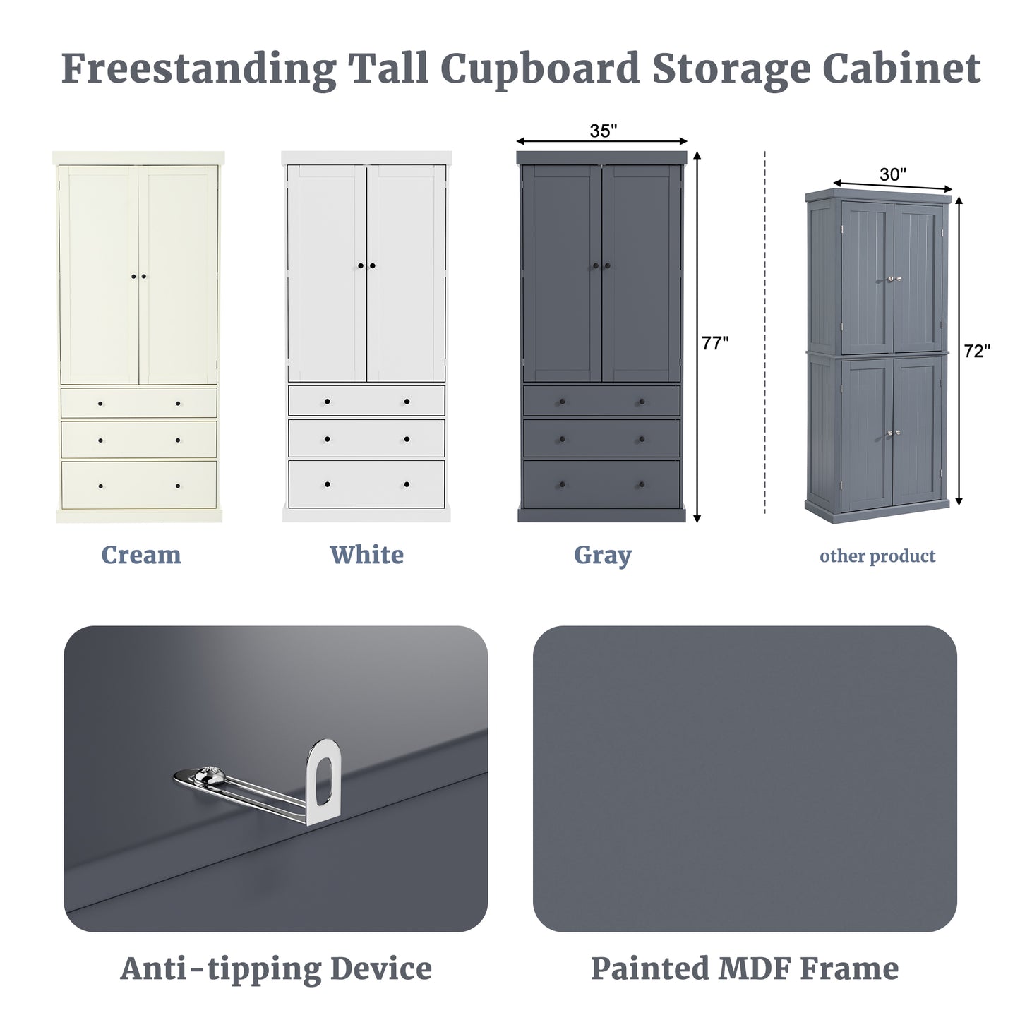 TOPMAx 77  Farmhouse Kitchen Pantry  Freestanding Tall Cupboard Storage Cabinet With 3 Adjustable Shelves  8 Door Shelves  3 Drawers For Kitchen  Dining Room  Gray  SP000047