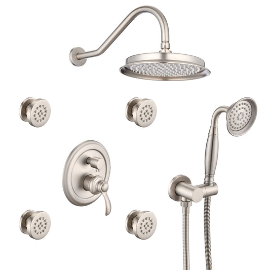 Single-Handle 4-Spray Patterns Bathroom Rain Shower Faucet With Body Jet Handshower In Brushed Nickel  Valve Included
