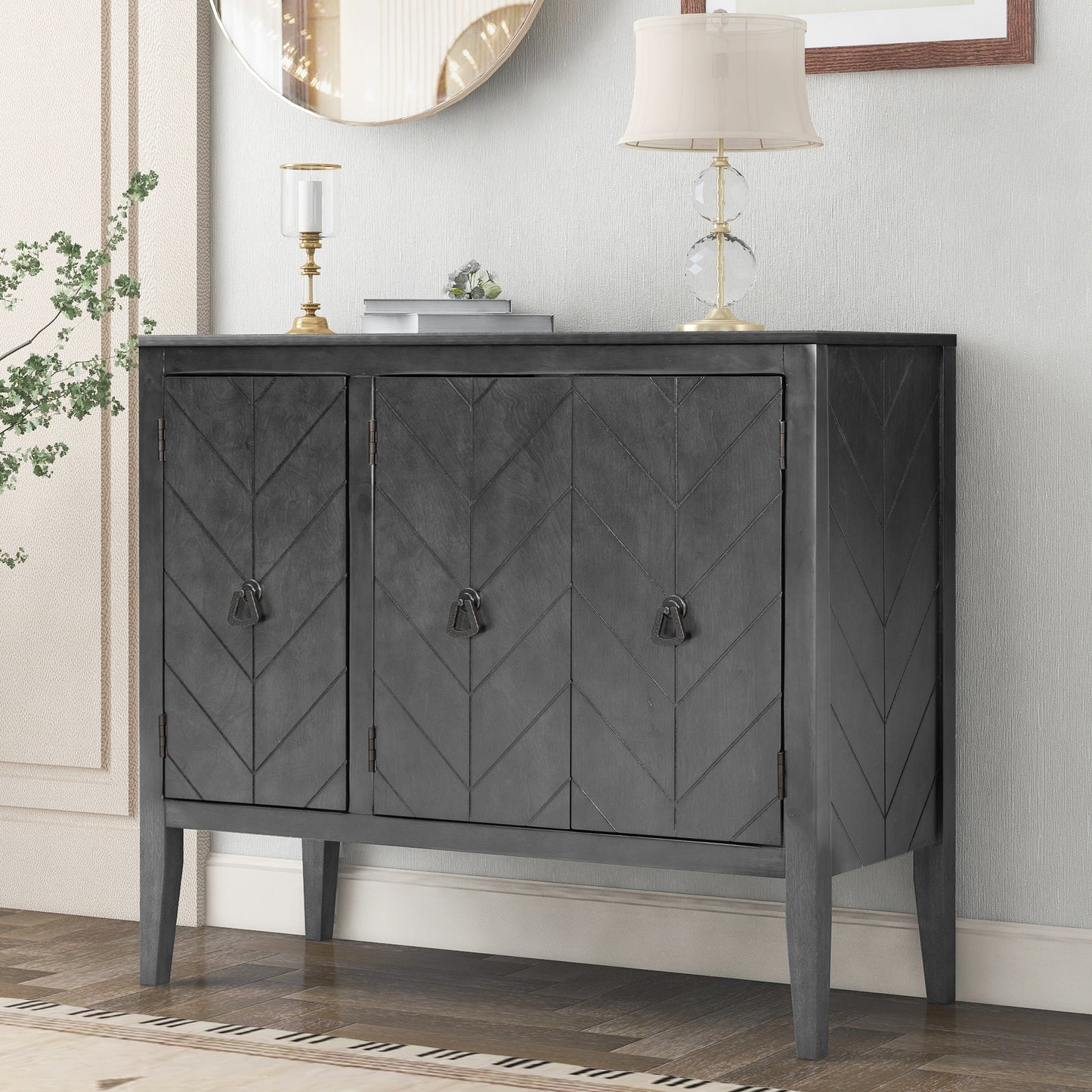 U-STYLE Adjustable Shelf Storage Sideboard With 3 Retro Metal Handles And 4 Pinewood Legs  For Entryway  Living Room  Study Room  Dining Room