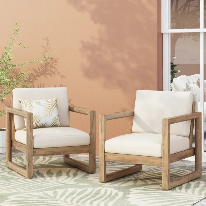 Set Of 2, Outdoor Acacia Wood Patio Club Chair, Wood Patio Furniture,Waterproof Thick Cushion Deep Seating For Porch, Garden, Backyard, Balcony, Brown Wash And Beige Cushion