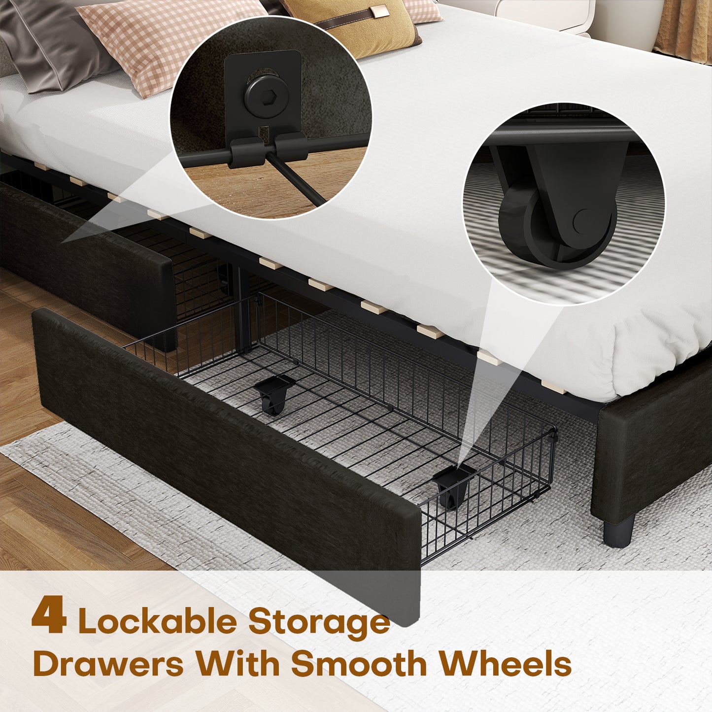 Queen Bed Frame Upholstered Vertical Channel Headboard Bed Frame With 4 Storage Drawers Wood Slats No Box Spring Needed Easy Assembly For Bedroom