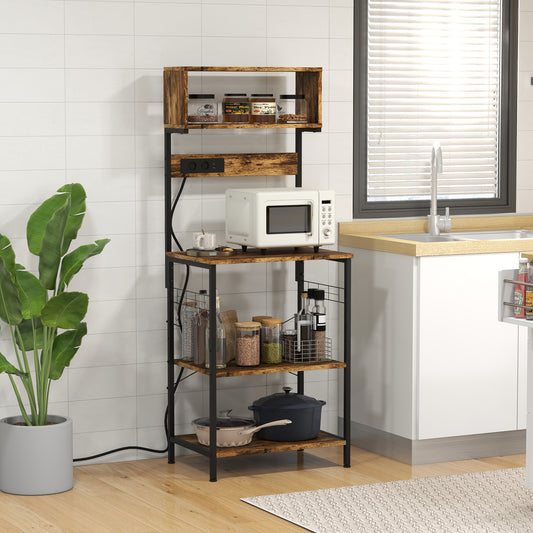 Kitchen Bakers Rack With Power Outlet, USB Charger, Microwave Stand, Coffee Bar With Adjustable Shelves, 5 Hooks For Spices, Pots And Pans, Rustic Brown