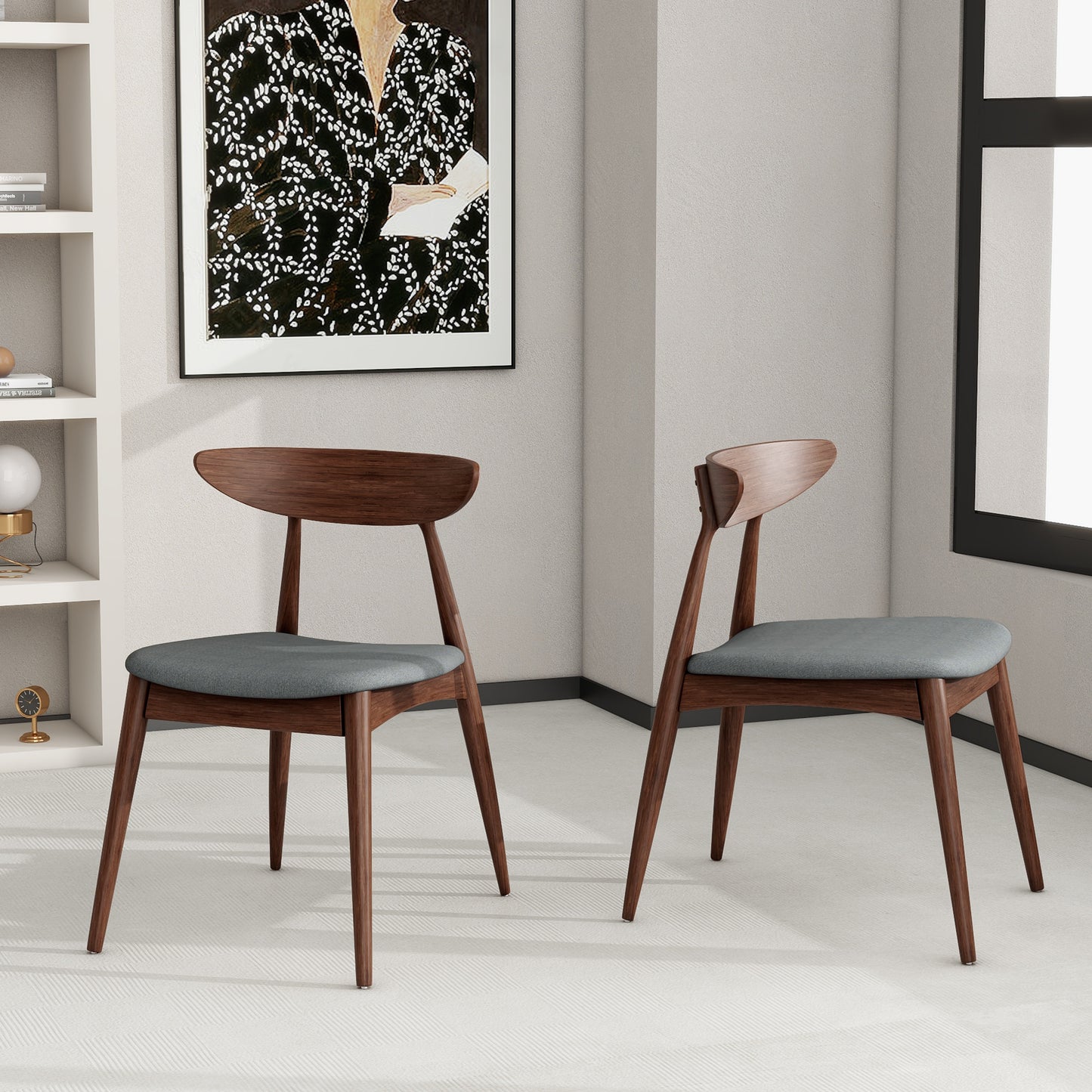 Set Of 2 Retro Rubberwood Chairs With Ergonomic Back & Plush Cushions, Walnut Light Gray  Same Sku 59297.00DBEI