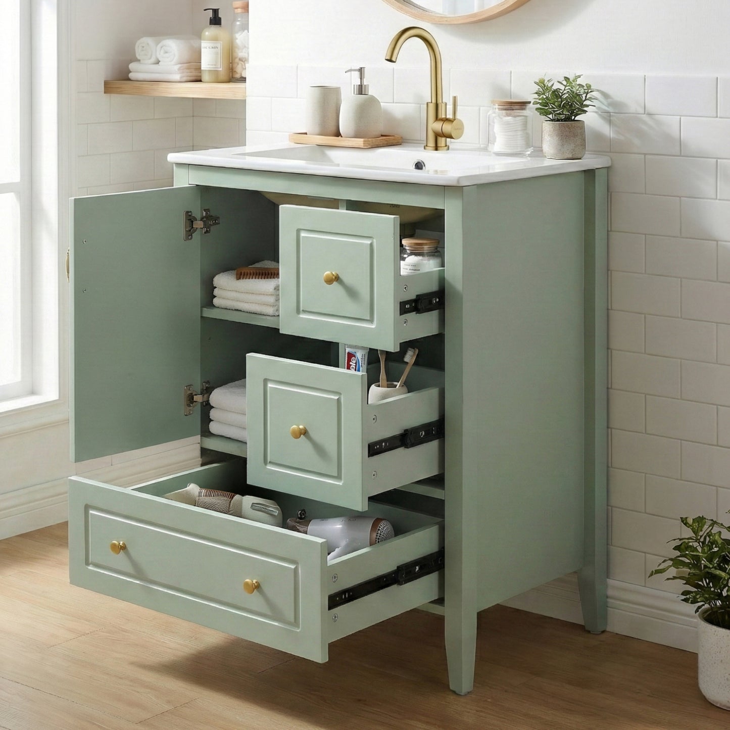 24 Inch Bathroom Vanity With Sink, One Cabinet With Soft-closing Door, 3 Soft-closing Drawers, Retro Metal Handles, Light Green