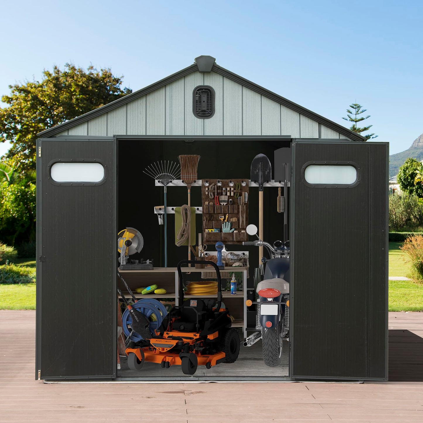 8x6FT Resin Outdoor Storage Shed With Lockable Door, Waterproof Outside Sheds With Windows & Vents, Heavy-Duty Plastic Tool Storage Shed For Patio Furniture, Lawn Mower, Bike