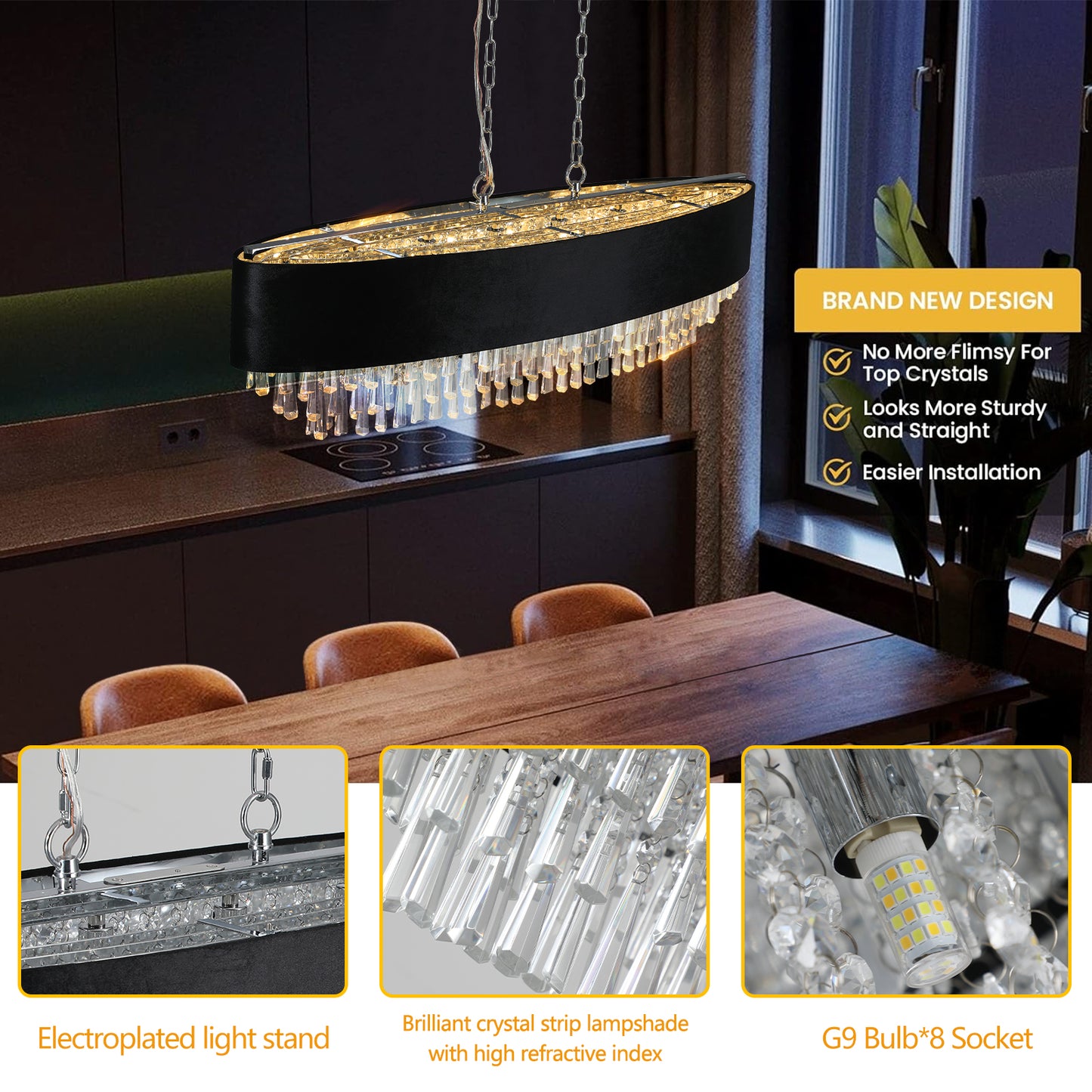 39in Modern Crystal Chandelier With Black Imitation Velvet Anti-Glare Shade, Adjustable Height, 8-Light G9 Base For Dining Room, Living Room, Or Bedroom  Bulb Not Included