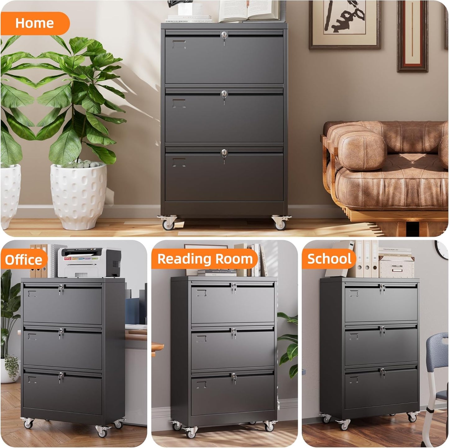 Aobabo 3 Drawer Lateral File Cabinet With Wheels,Metal Filing Cabinet With 3 Lock, For Home Office School Hanging Files Letter Legal F4 A4 Size, Assembly Required, Black