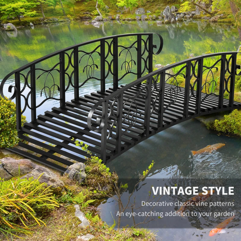 Metal Arch Garden Bridge With 660 Lbs. Weight Capacity, Safety Siderails, Vine Motifs, Easy Assembly For Creek, Stream, Pond, Black