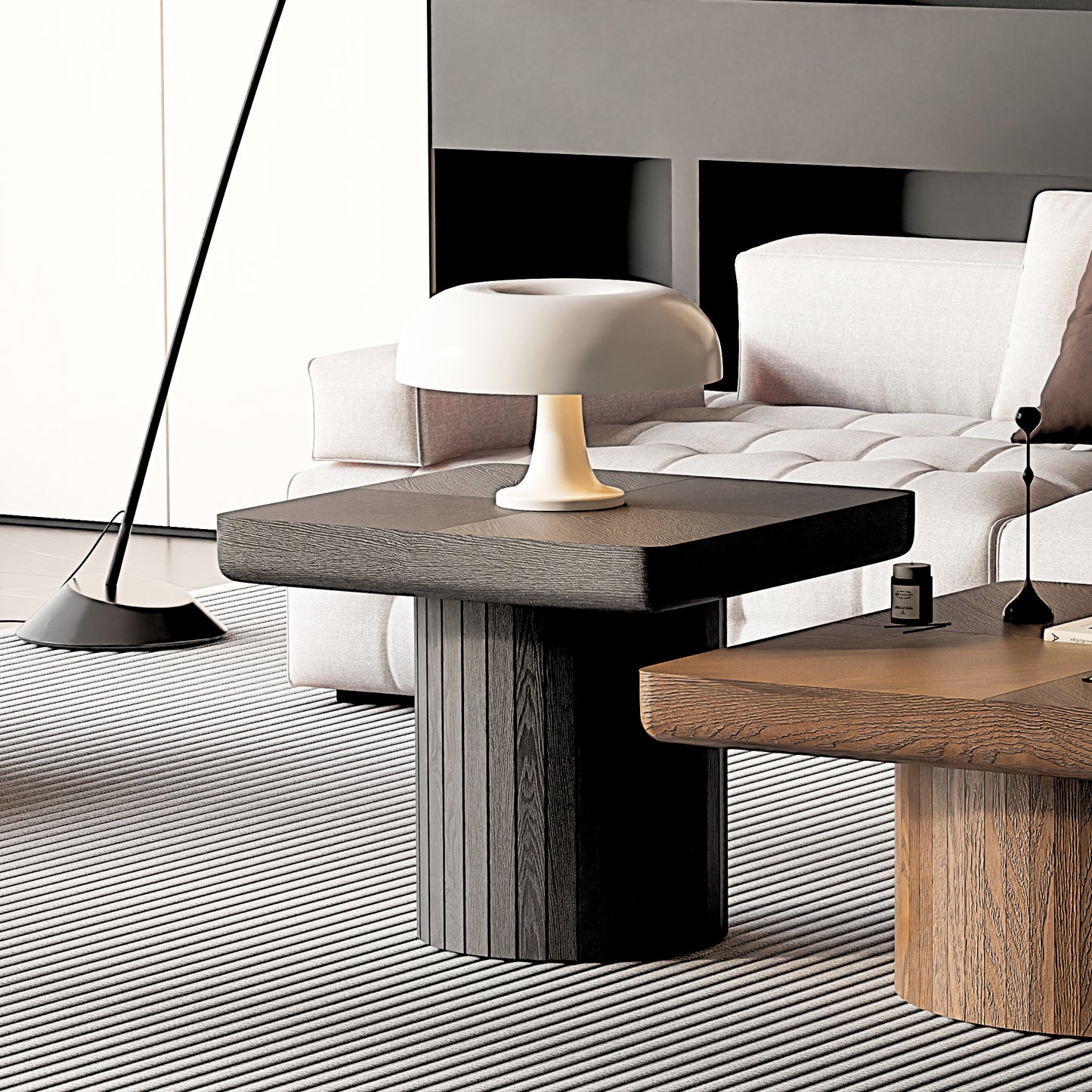 23.6'' Modern Solid Wood Veneer End Table, Minimalist Square Side Table With Parquet Pattern, Grooved Cylindrical Base & Thickened Tabletop, Compact Accent Table For Living Room, Matte Black