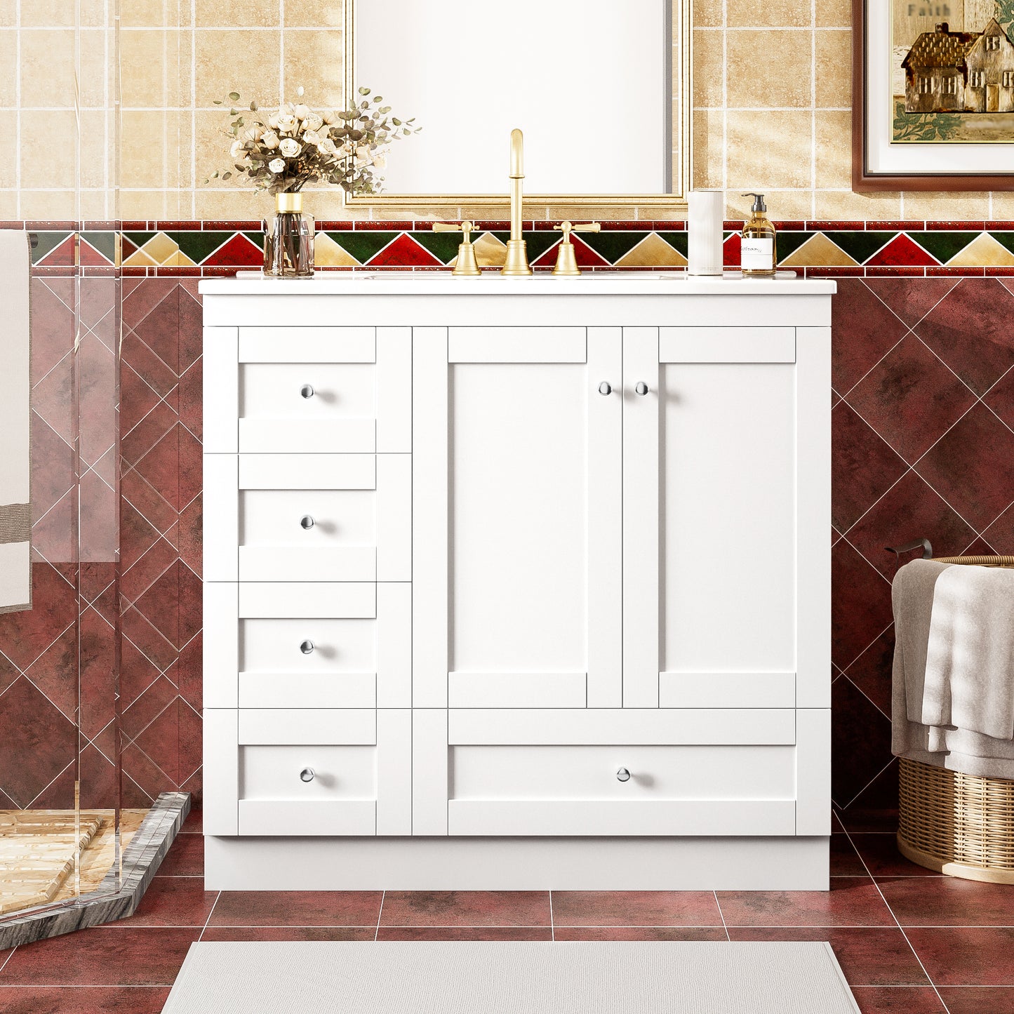 36 Inch Shaker Style Free-Standing Bathroom Vanity Cabinet With Ceramic Sink, 4 Soft-close Drawers And 2 Soft-close Doors