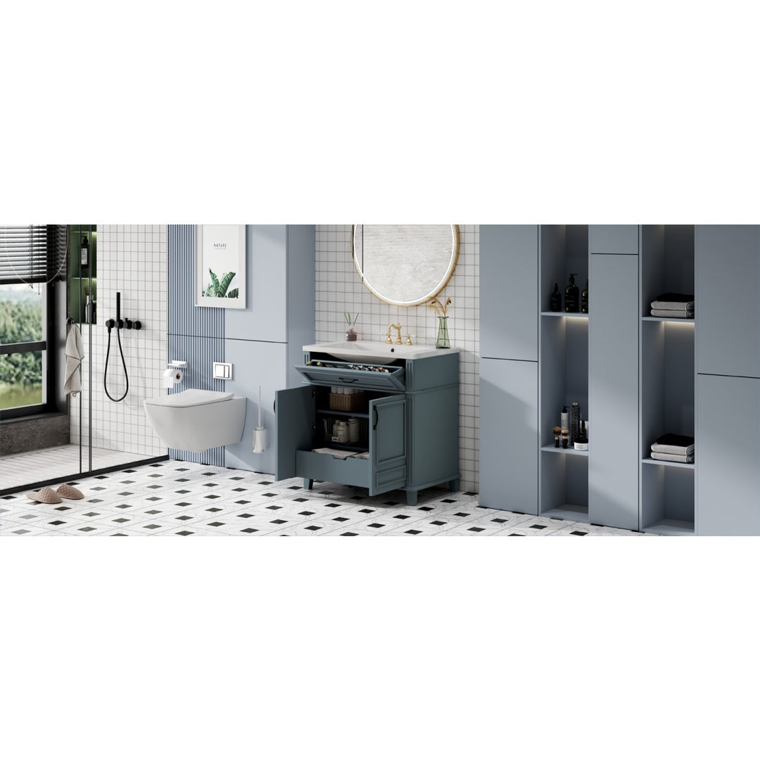 30'' Bathroom Vanity With Ceramic Sink,Solid Wood Frame Bathroom Storage Cabinet With Soft Closing Doors, Retro Style, Blue