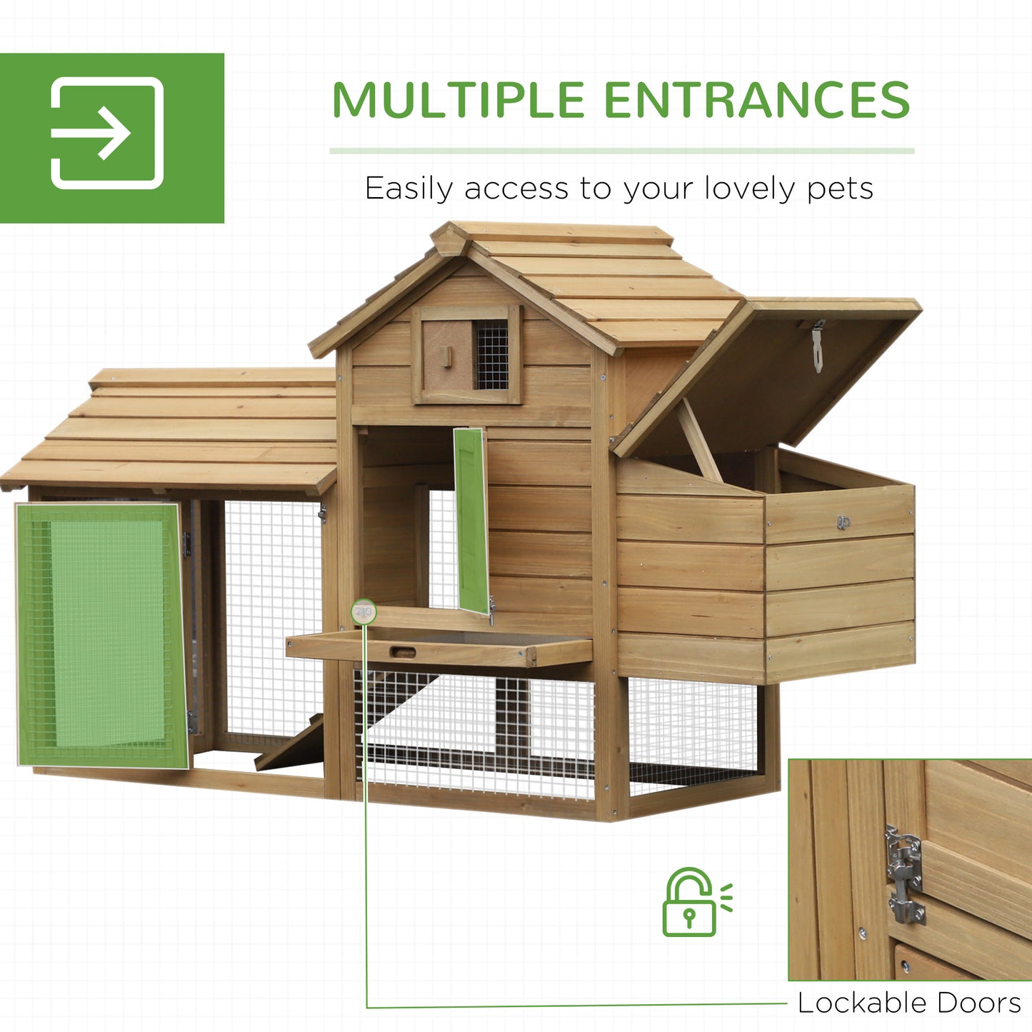 PawHut 59 Small Wooden Chicken Coop Hen House Poultry Cage For Outdoor Backyard With 2 Doors, Nesting Box And Removable Tray, Natural Wood