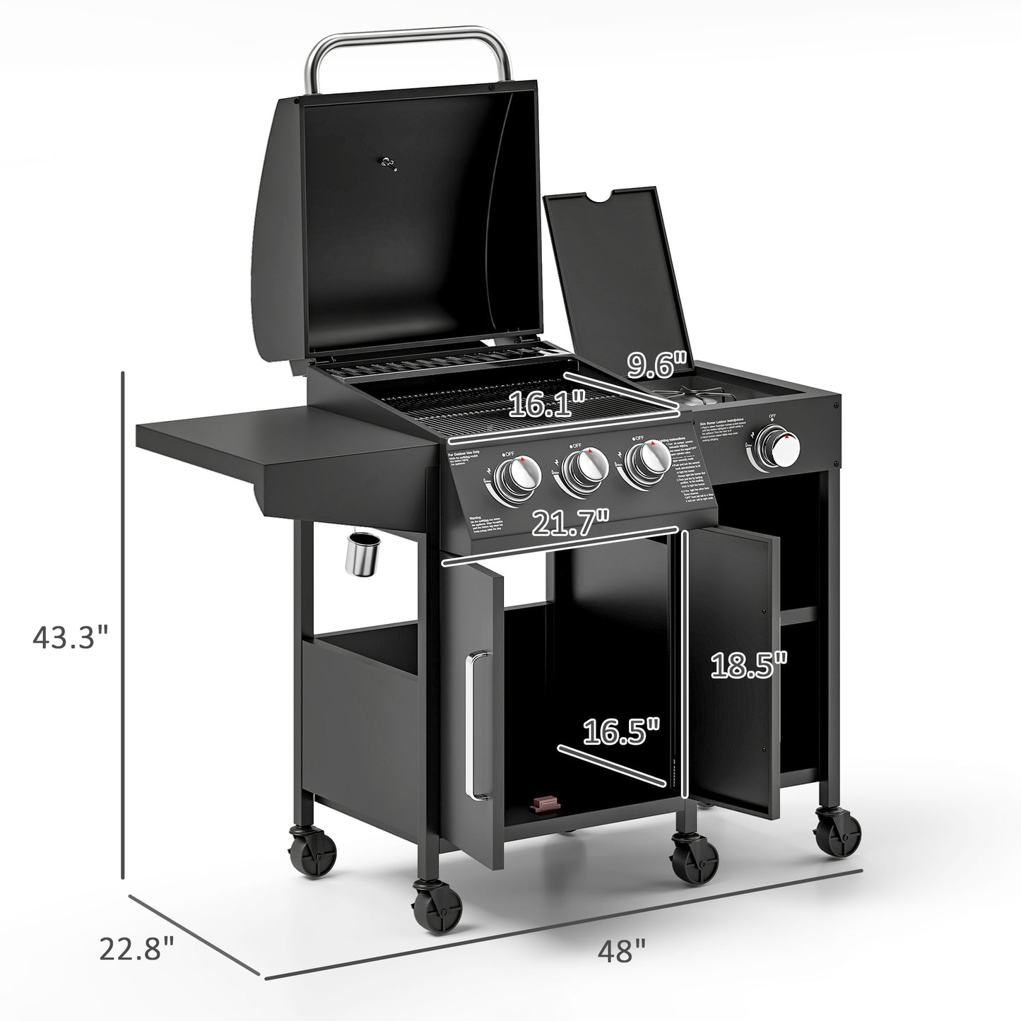 3 Burner Propane Gas Grill With Side Burner Barbecue Grill With Shelves, 9.5 KW Output, 310 Sq. In. Cooking Area
