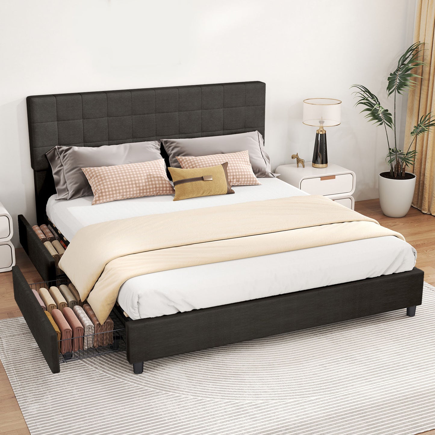 King Size Bed Frame Upholstered Vertical Channel Headboard Bed Frame With 4 Storage Drawers Wood Slats No Box Spring Needed Easy Assembly For Bedroom