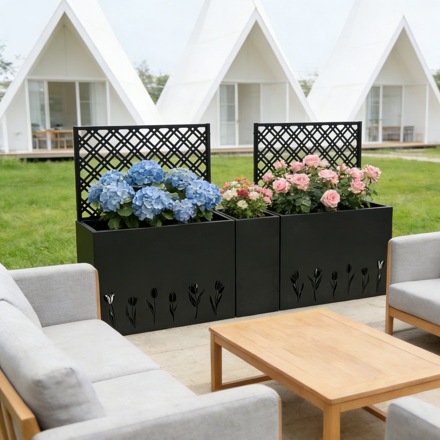 Metal Planter-Trellis Combo Set Of 3 - Raised Garden Bed, Flower Trellis & Privacy Screen For Patio, Balcony, Garden, Rust-Resistant Planter Box With Drainage Holes, 23.6in Depth Planting Bed, Tulip