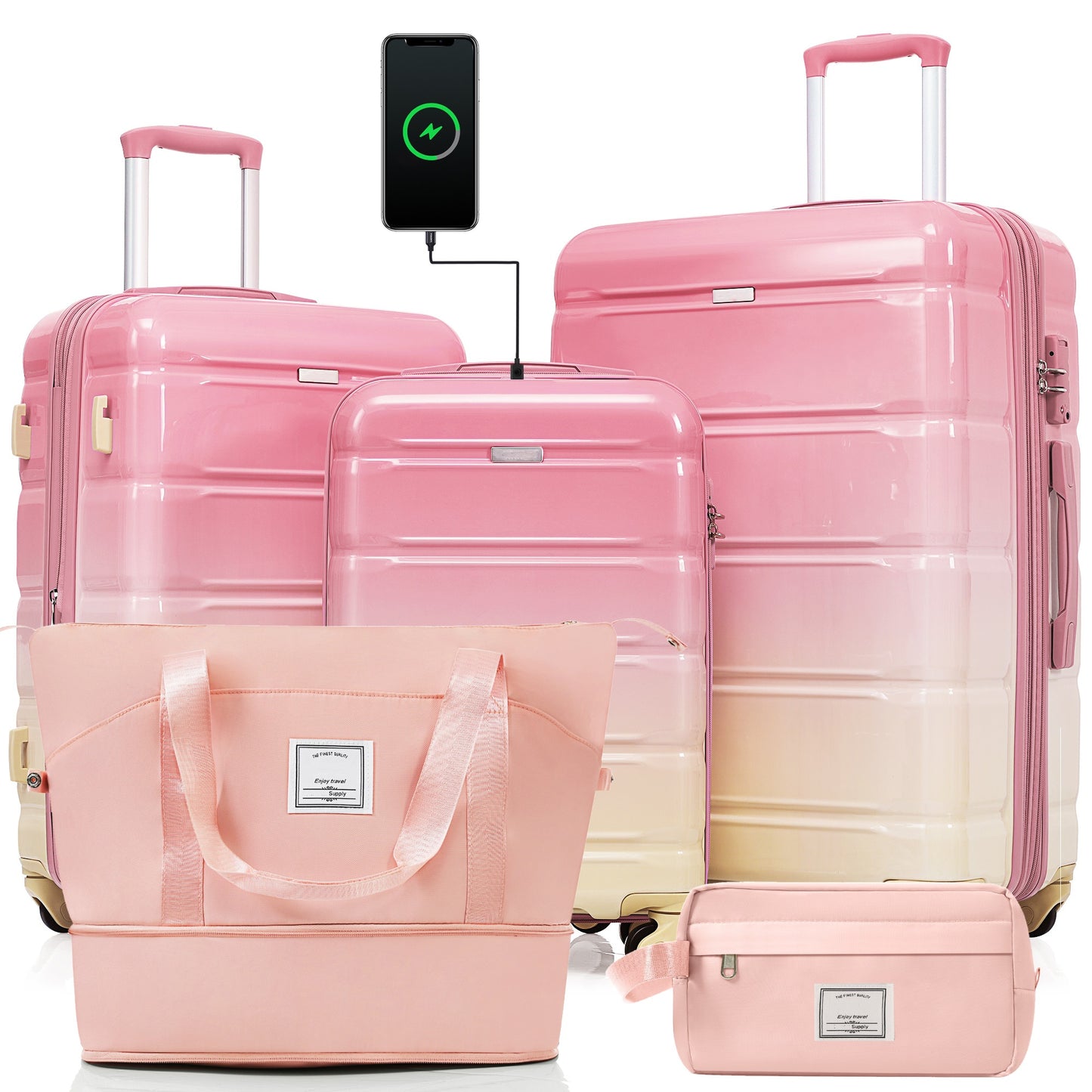Luggage Sets 5 Piece, 20-inch With USB Port, ABS Durable Suitcase With Travel Bag, ABS PC Hard Shell Luggage With Spinner Wheels,