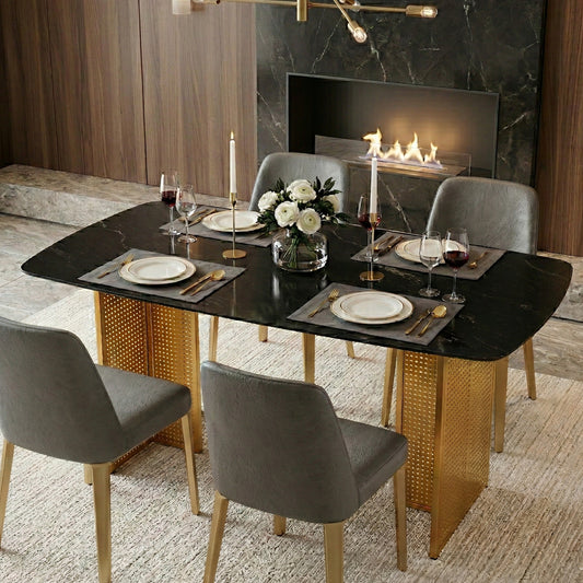 Modern-Style Rectangular Tempered Glass Dining Table For 6, Featuring A Marble-Patterned Design With Golden Hollow-Out Metal Legs, An Ideal Dining Table For Living Rooms And Home Offices.