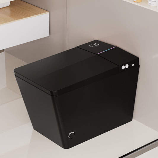Black Square Smart Toilet With Built-in Tank For Bathroom, Remote Control, Tankless Bidet Toilet With Foot Touching Lid Opening, Auto Flush, Heated Seat, LED Digital Display, User Memory, Matte Black