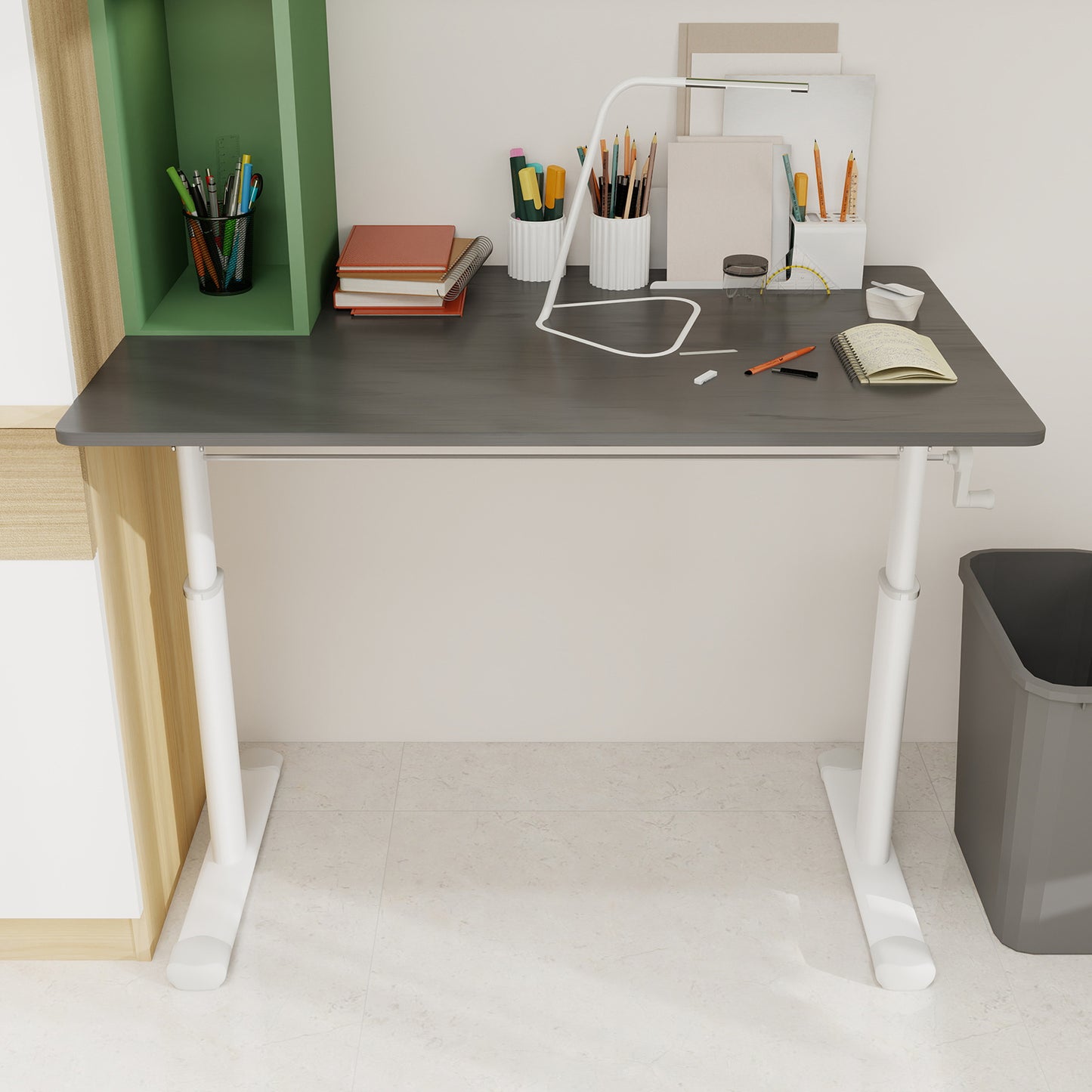 Adjustable Study Desk Suitable For Children And Adults, Height-adjustable, Multi-functional Home Office Desk, Compact Design, Desktop Dimensions 60cm X 100cm, White Frame, Gray Tabletop.