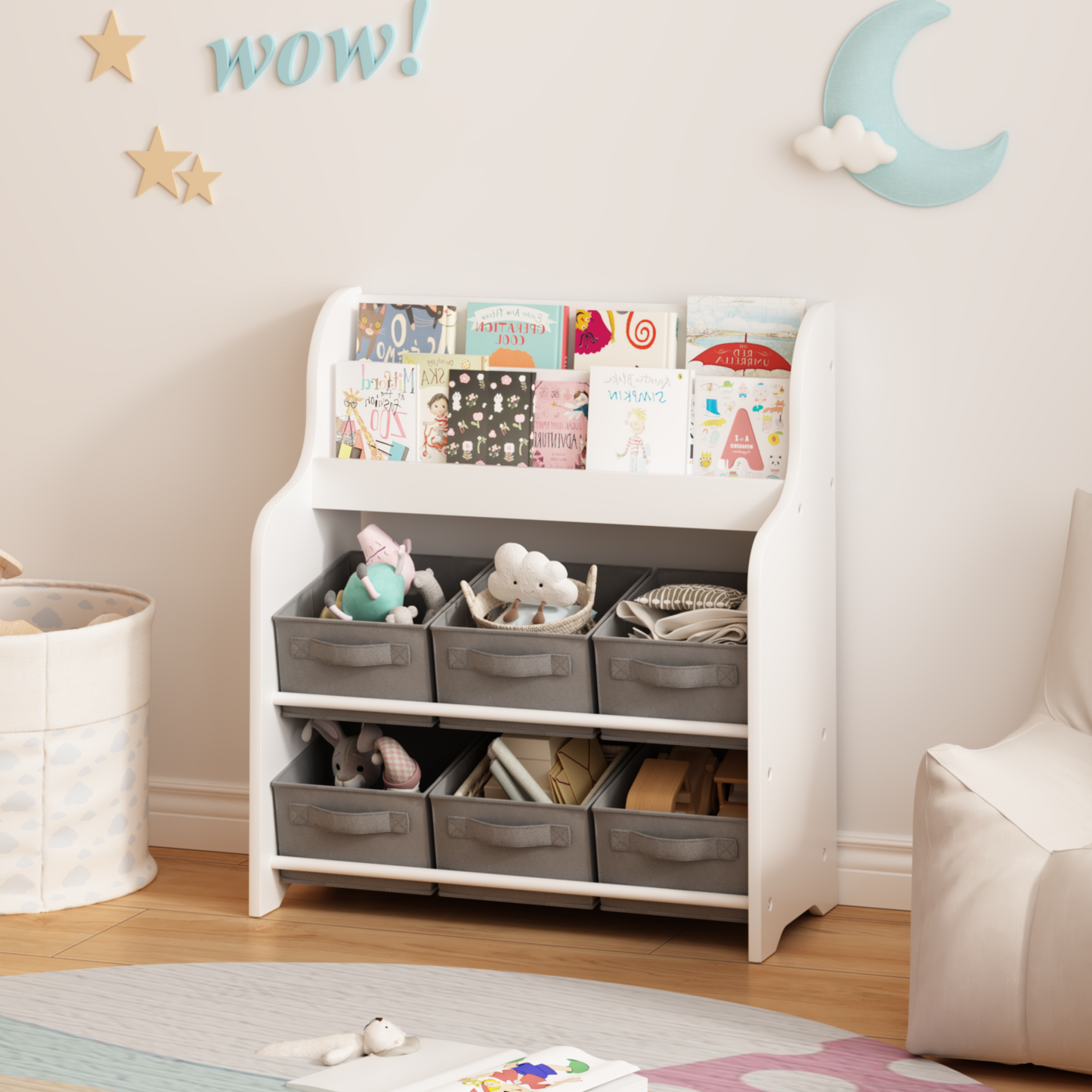 Kids Bookshelf With 6 Fabric Storage Bins, Multi-Functional Children's Bookcase And Toy Organizer, Front-Facing Display Shelf For Playroom, Bedroom Or Nursery - White & Gray