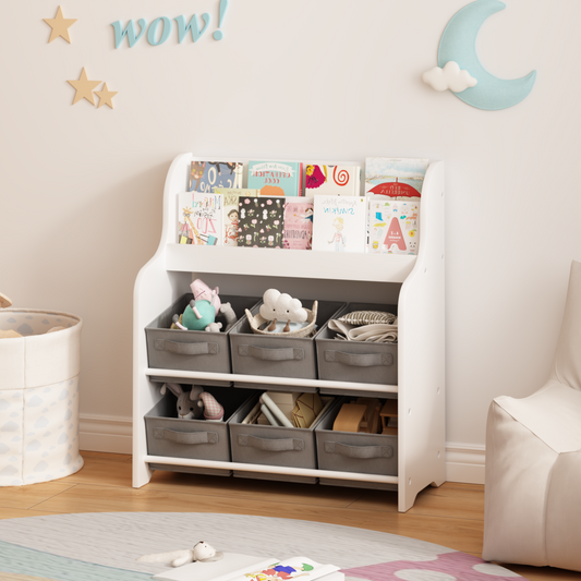 Kids Bookshelf With 6 Fabric Storage Bins, Multi-Functional Children's Bookcase And Toy Organizer, Front-Facing Display Shelf For Playroom, Bedroom Or Nursery - White & Gray
