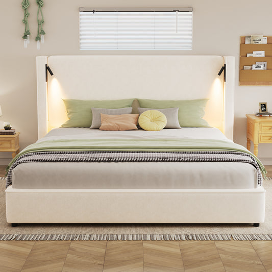 King Size Upholstered Bed Frame With High Wingback Headboard,Reading Lamp And USB Port,Beige