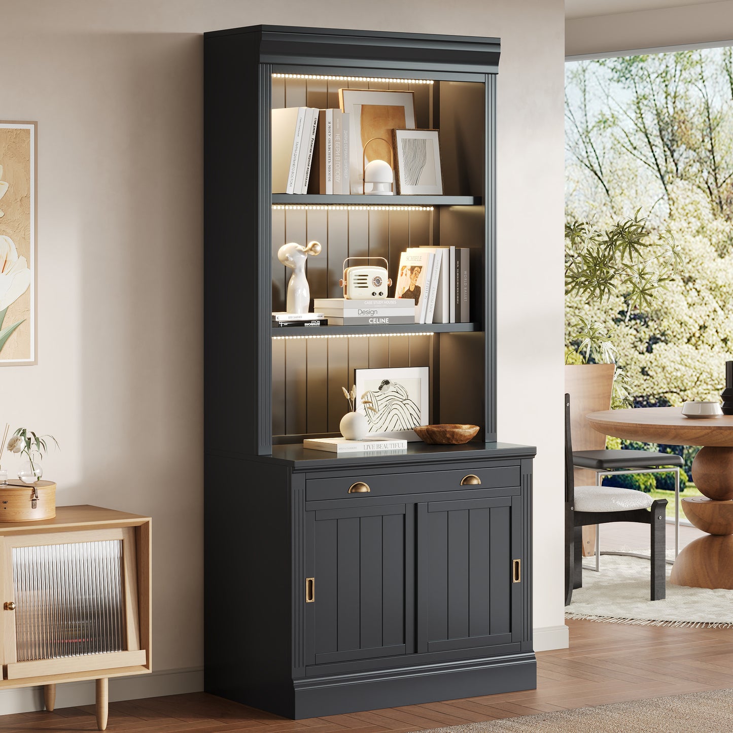 83.4Tall Bookshelf With With 3 Pieces LED Lighting, Modern Bookcase With Sliding Doors And Open Shelves,Storage Bookshelf For Living Room,Home Office,Black