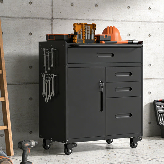 34.3 Mobile Tool Storage Cabinet - Garage Organizer With Lockable Compartment & 4 Drawers, Rolling Steel Chest For Workshop And Home Garage