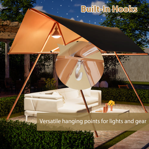 Hexagonal Shade Sail Canopy, Large 206in X118in UV Block Sun Shade With UPF 50-, Waterproof High-Density Polyester Fabric, Brown Rust-Resistant Poles & Built-in Hooks For Patio  -Light Khaki