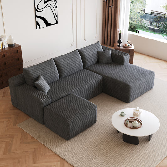 95  Cloud Sectional Sofa With 1 Ottoman,Modern Minimalist Upholstered Couches, Comfort U Shaped Sofa For Living Room,Deep Seat Corner Couch,No Assembly Required,Dark Grey  Plush Corduroy Fabric