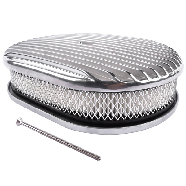 12inch Oval Aluminum Full Finned Air Cleaner Polished Paper Element Fits For SB & BB CHEVY FORD & MOPAR CHRYLER DODGE PLYMOUTH