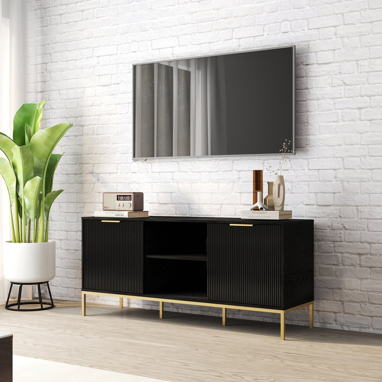 Modern TV Stand With Wave-Design Doors,Golden Legs And Handles ,Soft-Close Hinges,Open Shelf & Adjustable Shelf - Stylish And Functional For Your Living Room,Easy Assemble,Black Gold