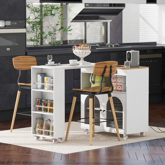 K&K Rolling Kitchen Island With Extended Table,Kitchen Island On Wheels With LED Lights,Power Outlets And 2 Fluted Glass Doors,Kitchen Island With A Storage Compartment And Side 3 Open Shelves,White