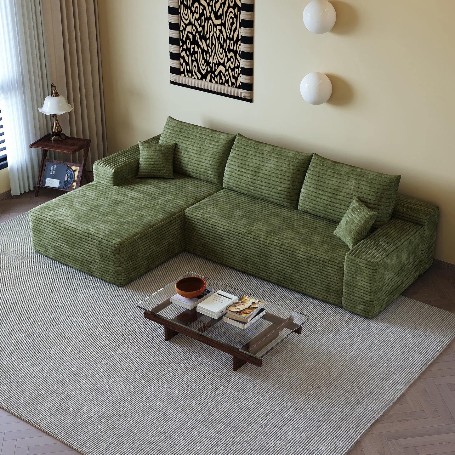 107  Cloud Sectional Couch With L-Shape Chaise,Modern Modular Sofa With Deep Seat, Upholstered Couches For Living Room Bedroom,No Assembly Required,  Plush Corduroy Fabric ,Green