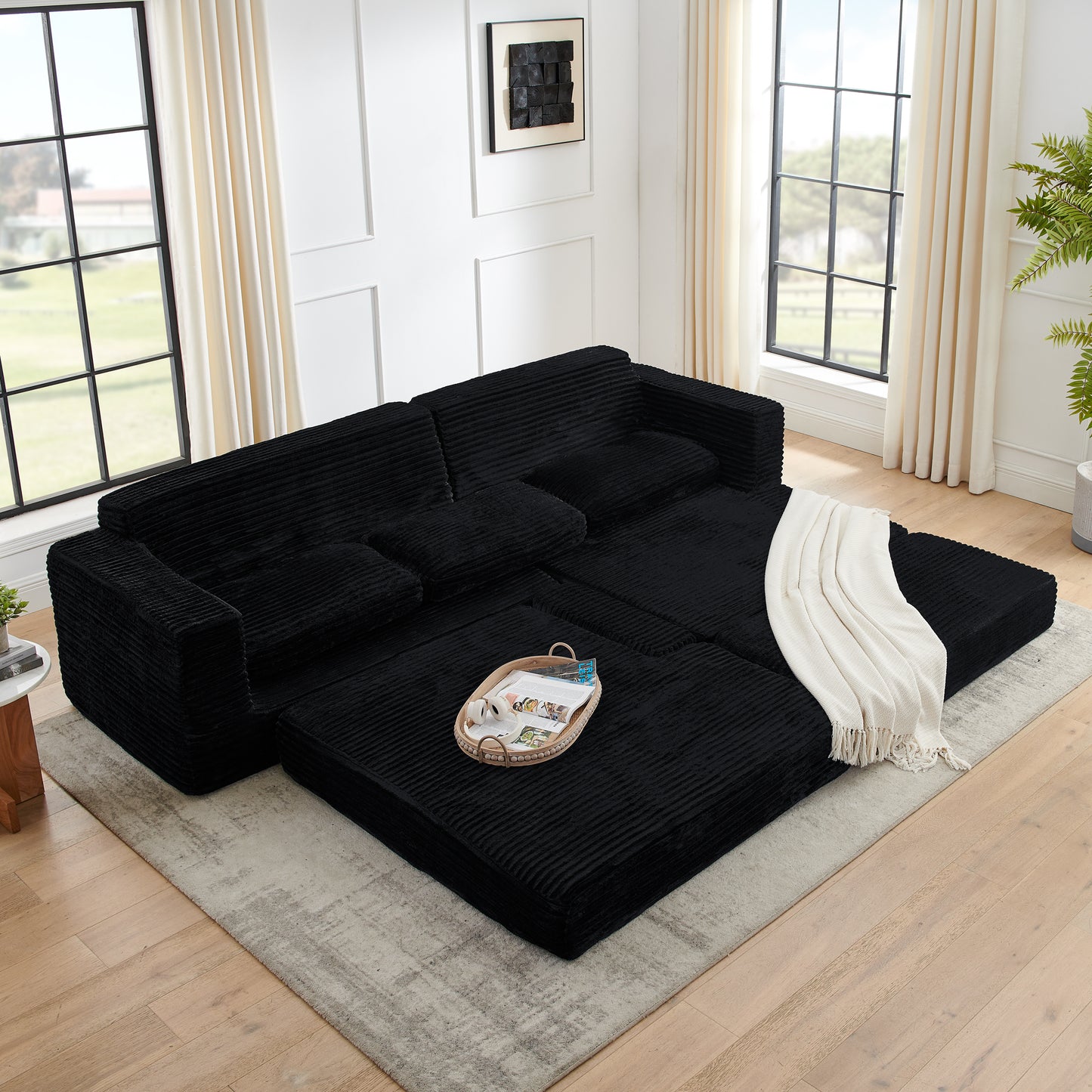 Left Sofa Seat,L Shape Modular Sectional Sofa, Compressed Sectional Sofa Modern Minimalist Style Corduroy Couch,Unfold Into A Bed, Bedroom, Comfy Compressed Sofa Couch Space-Efficient Design-black