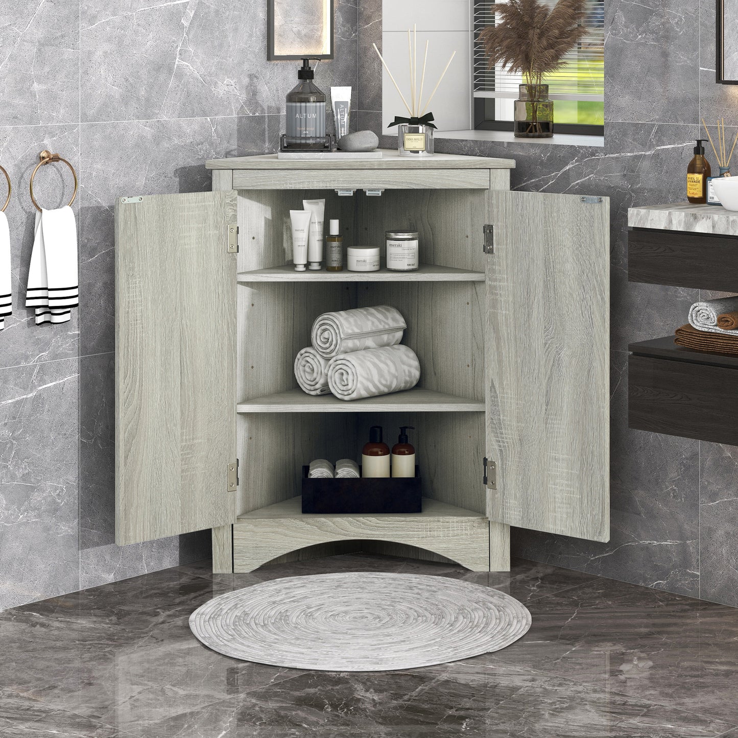 Oak Triangle Bathroom Storage Cabinet With Adjustable Shelves, Freestanding Floor Cabinet For Home Kitchen