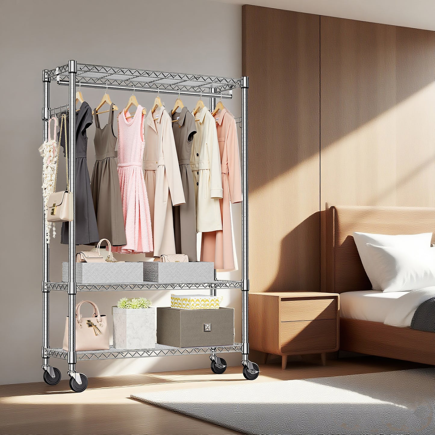 Heavy Duty Garment Rack On Wheels, Rolling Freestanding Closet Organizer And Clothes Rack For Hanging Clothes With 1 Hang Rod, Adjustable Metal Wardrobe, 15.7  D X 45.3  W X 75.6  H, Chrome