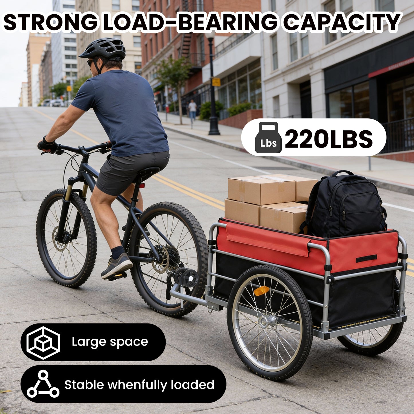 Bike Cargo Trailer, Aluminum Luggage Cart,Heavy Duty 220 Lbs Bicycle Wagon Cart, 20  Whee,l Folding Groceries Hauler With Safe Hitch System, Removable Cover, Oxford Fabric For Cycling Travel