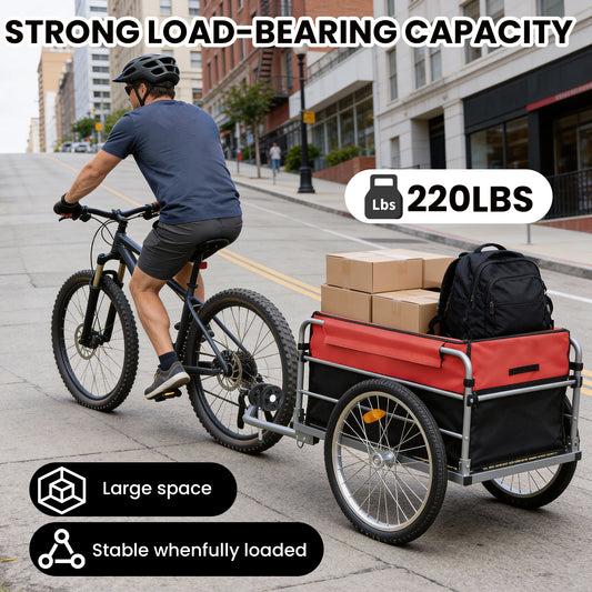 Bike Cargo Trailer, Aluminum Luggage Cart,Heavy Duty 220 Lbs Bicycle Wagon Cart, 20  Whee,l Folding Groceries Hauler With Safe Hitch System, Removable Cover, Oxford Fabric For Cycling Travel