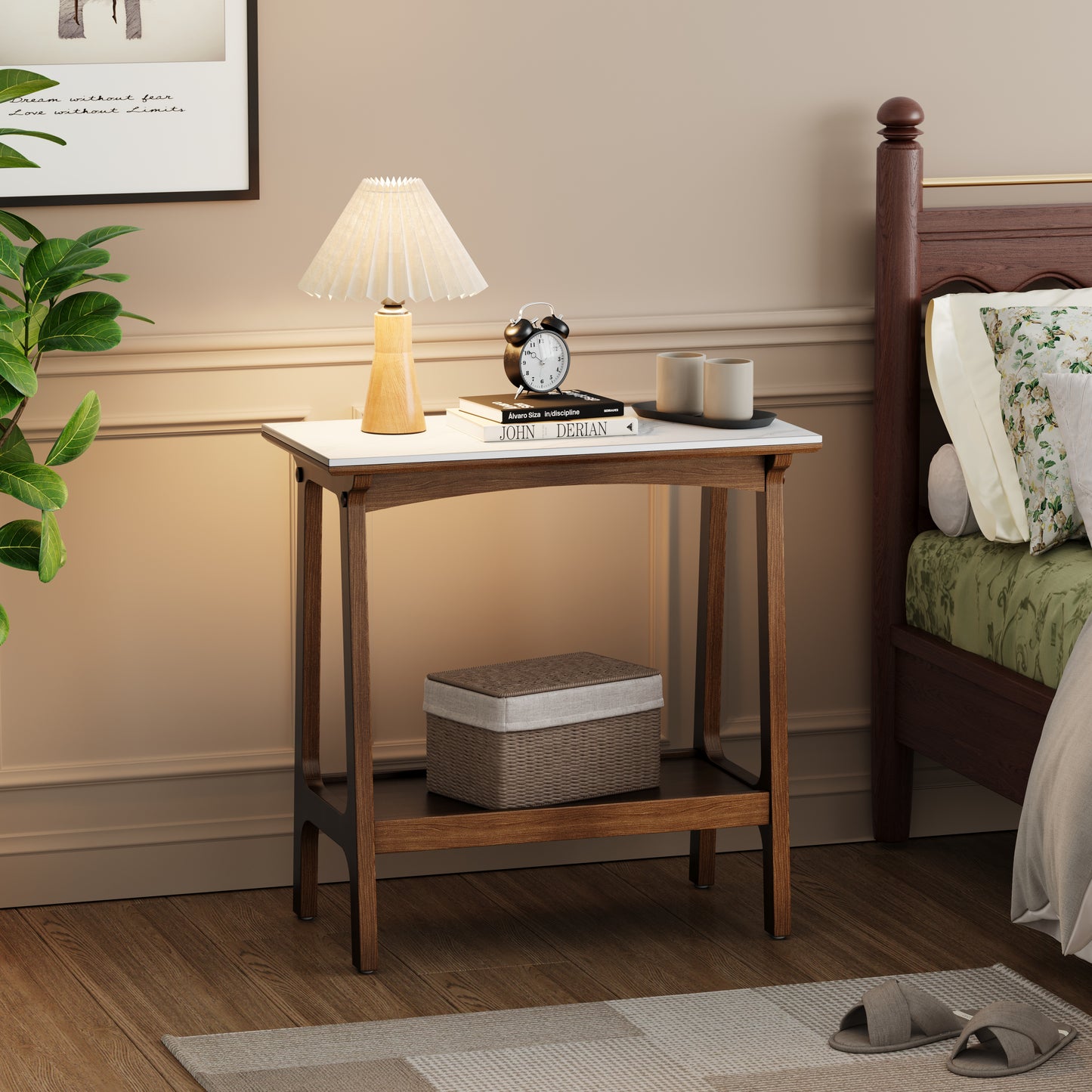 Retro Reddish Brown Narrow Slate Side Table With Storage Shelf, Small End Table For Living Room Small Spaces Entryway Farmhouse, Slim Nightstand Bedside Table