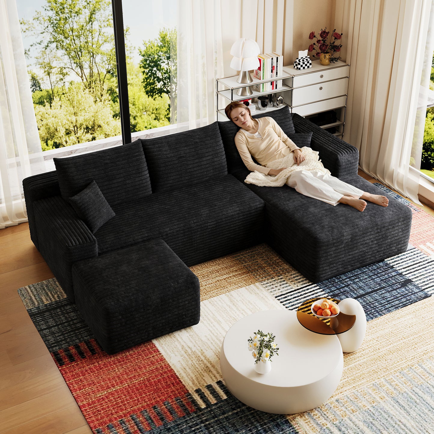 95  Cloud Sectional Sofa With 1 Ottoman,Modern Minimalist Upholstered Couches, Comfort U Shaped Sofa For Living Room,Deep Seat Corner Couch,No Assembly Required,Black  Plush Corduroy Fabric