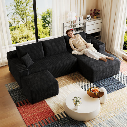 95  Cloud Sectional Sofa With 1 Ottoman,Modern Minimalist Upholstered Couches, Comfort U Shaped Sofa For Living Room,Deep Seat Corner Couch,No Assembly Required,Black  Plush Corduroy Fabric