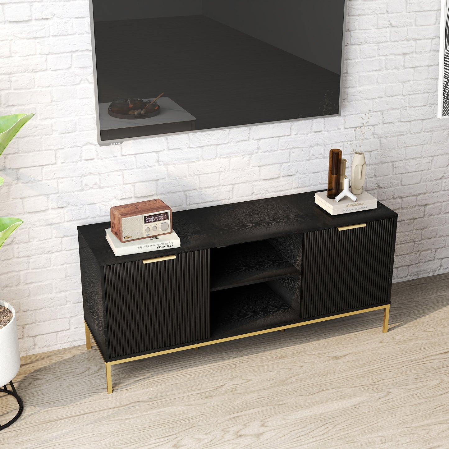 Modern TV Stand With Wave-Design Doors,Golden Legs And Handles ,Soft-Close Hinges,Open Shelf & Adjustable Shelf - Stylish And Functional For Your Living Room,Easy Assemble,Black Gold