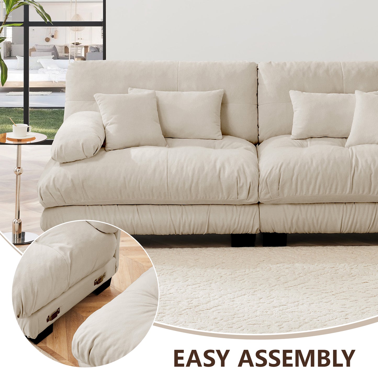 Cloud Couch Sleeper Sofa For Living Room, Chenille 2 Seater Sofa With 2 Lumbar Pillows And 2 Throw Pillows , Upholstered Wide Arm Sofa With 2 Ottomans,Chenille Light Coffee