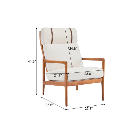 Mid Century Modern Accent Armchair, Solid Wood Frame With High Back, Beige Boucle Upholstered Cushions, Ergonomic Lounge Chair For Living Room Bedroom Reading Nook